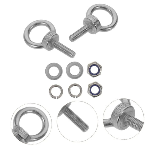 Heavy Duty Stainless Steel Eye Bolts M6x20 With Closed Ring And Hole, Comprehensive Kit Includes Flat Washer, Spring Washer And Nylon Nut close-up