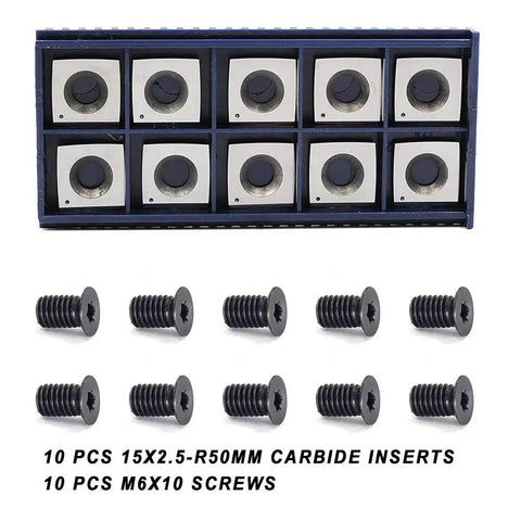 Premium Solid Carbide Woodworking Insert Blades deliver knockout shavings on plywood, featuring 10 pieces of 15x2.5-R50mm carbide inserts.