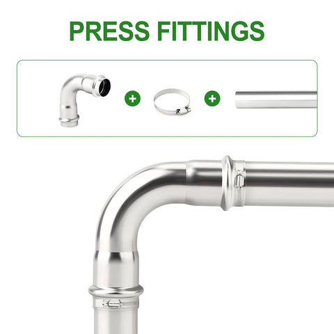 Close-up of 1-inch 304 stainless steel 90-degree press elbow fitting.