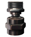 Solid Brass Shower Head Swivel Ball Adapter With Hand Shower Connector And Arm Extension In Oil Rubbed Bronze, Smooth 360 Degree Rotation, Leak Free, Durable Brass Construction, No Fuss Install For Any Standard Shower. Black brass swivel adapter with threaded ends, front view.