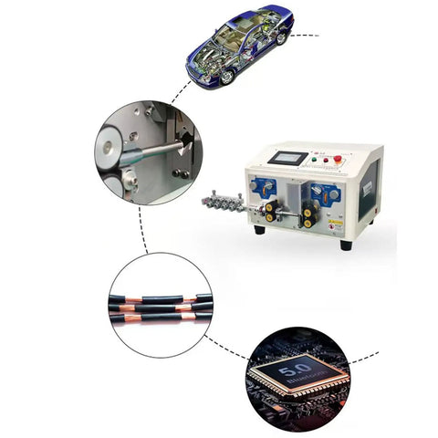 Qiokoith Fully Automatic Wire Stripping Machine Auto Cuts And Strips Electronic Power Cord Cable Multi Core Flat Coaxial Mobile Phone With Hard Knurled Wheels For Reliable Precision Work on display with electronic components.