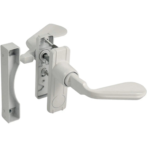 In Swing Storm Door Handle Set For 7/8 To 1 3/8 Inch Thick Doors No Key Lock White Finish shown with components