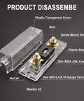 Product disassembled view of 100 Amp ANL Fuse Holder Kit With Fuse And Gold Plated Terminals For Car Audio And Amplifiers 12V And 24V DC Systems Compatible With 0 2 4 AWG Wires Heavy Duty High Current Protection Durable Heat Resistant Construction