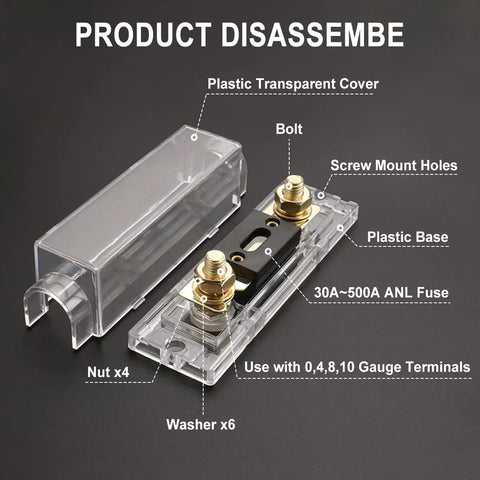 Product disassembled view of 100 Amp ANL Fuse Holder Kit With Fuse And Gold Plated Terminals For Car Audio And Amplifiers 12V And 24V DC Systems Compatible With 0 2 4 AWG Wires Heavy Duty High Current Protection Durable Heat Resistant Construction