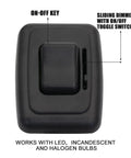 Heavy Duty 12V Dimmer Switch Toggle Universal Rv Marine Boat Led Halogen Lighting Badass Slick Black Finish Road Ready Smooth Brightness Control showing sliding dimmer with on-off toggle switch.