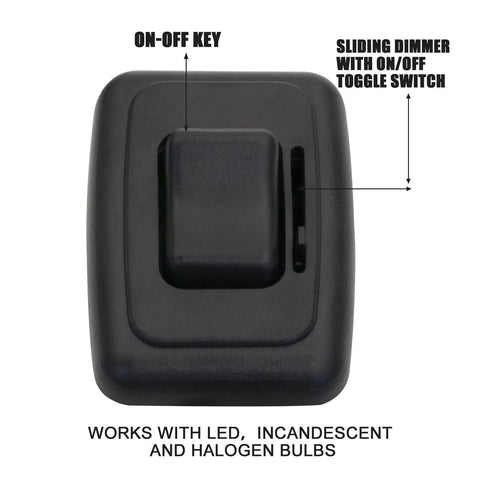 Heavy Duty 12V Dimmer Switch Toggle Universal Rv Marine Boat Led Halogen Lighting Badass Slick Black Finish Road Ready Smooth Brightness Control showing sliding dimmer with on-off toggle switch.
