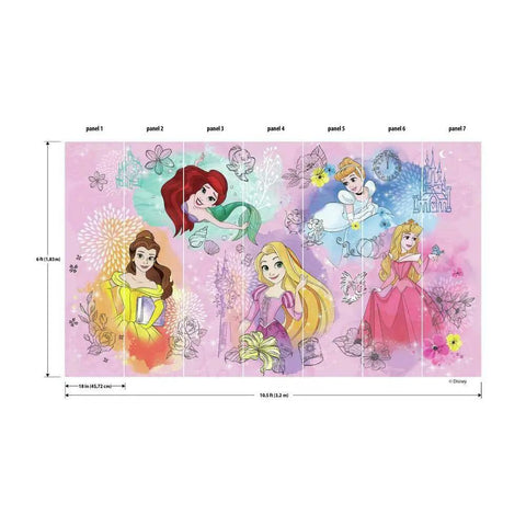 Disney princesses illustrated on Under The Sea Blue Peel And Stick Wall Mural For Kids Rooms By RoomMates 10.5 Ft By 6 Ft When Assembled