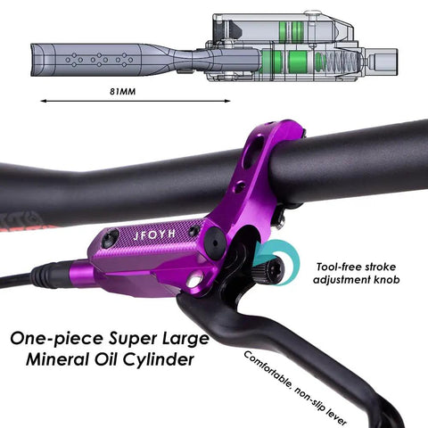 4 Piston Mountain Bike Hydraulic Disc Brake Set with 160mm Floating Rotors, purple lever detail, comfortable grip.