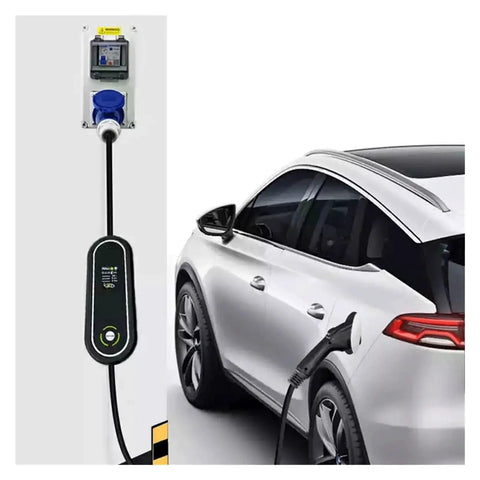 Portable Level 2 EV Charger With 16A 24A 32A Adjustable Output Type 1 J1772 Plug CEE Outlet IP67 connected to electric car