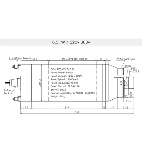 Technical diagram of Heavy Duty CNC Water Cooling Spindle Motor With 6.5Kw Drive And Er32 Collet for Metal Milling.