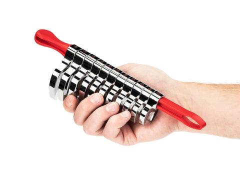 Hand holding Half Inch Drive Crowfoot Wrench Set With Key 11 Piece Sizes 17 To 32 Mm Slim Yet Strong For Tight Spaces