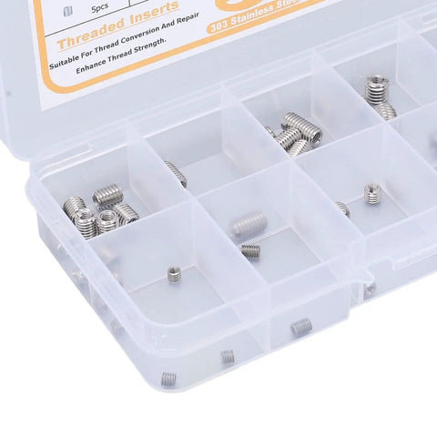 Close-up of 55 Piece Metric Threaded Insert Kit With Thread Reducer Nuts For Metal Repair And Mechanical Assembly M2 M2.5 M3
