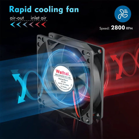 High Speed 80mm 24V DC Brushless Cooling Fan 2 Pin 24 Volt in operation with airflow visualization, rapid cooling at 2800 RPM