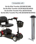 Upper Seat Post With Pin 1 Inch Diameter Replacement Part For Elite Traveller Standard LR Plus Plus HD Ultra X Travel Mobility Scooters Includes Black Bushing And Fits FRMASMB9630 next to scooter.