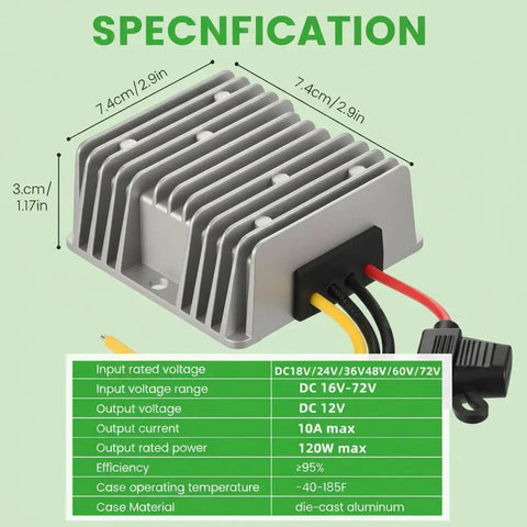 Image of High Efficiency 16V-72V to 12V 10A Buck Converter for Golf Carts E Bikes RVs and Forklifts 120W DC-DC Power Regulator with Overload Overcurrent and Overheat Protection showing dimensions and specs.