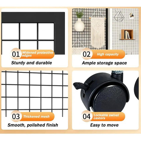 Floor Standing Gridwall Display Rack On Wheels With Hooks And T Base Heavy Duty Rolling Metal Grid Wall Panel features