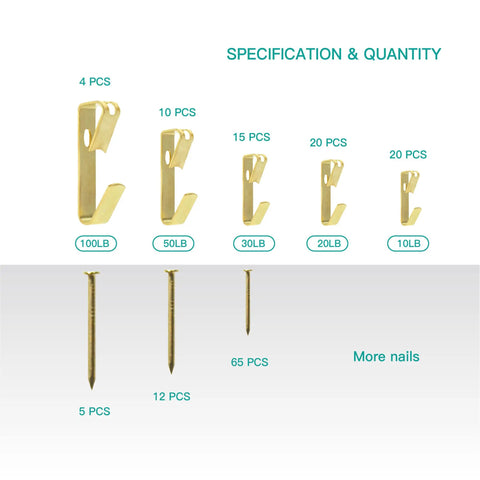 Image showing specification and quantity of Heavy Duty Picture Hanging Kit With 10 To 100 LB Supports, 140 Golden Picture Hooks And Nails.