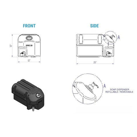 Illustration of Road Ready Heavy Duty Portable Hand Washing Station showing front and side dimensions, 6.6-gallon tank, soap dispenser.