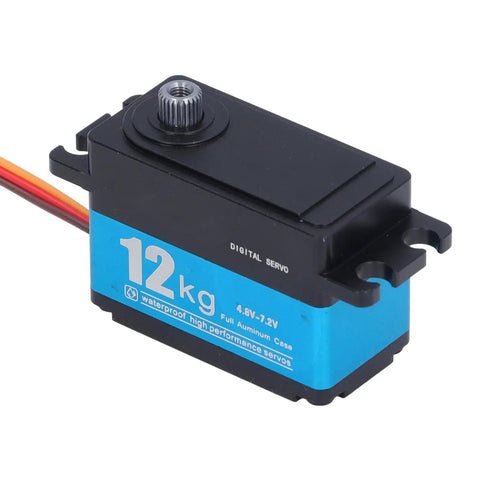 Industrial Grade Full Metal Servo Motor Brings Kick Ass 12Kg Torque And Hella Precision To RC Car Boat Drone And Robot Arm Projects With Sealed Design, shown from the top with wiring.