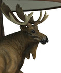 Close-up of moose detail on rustic resin base of Wildlife Moose Table Lamp With A 12 Inch Forest Print Lampshade For Living Rooms Cabins And Bedrooms Delivers Cozy Warm Glow And Striking Rustic Decor Standing 20 Inches Tall For A Commanding Home Accent.