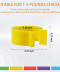 8mm Pigeon Leg Bands Set For Poultry With Laser Etched 001 To 100 In Five Colors, yellow tag dimensions displayed