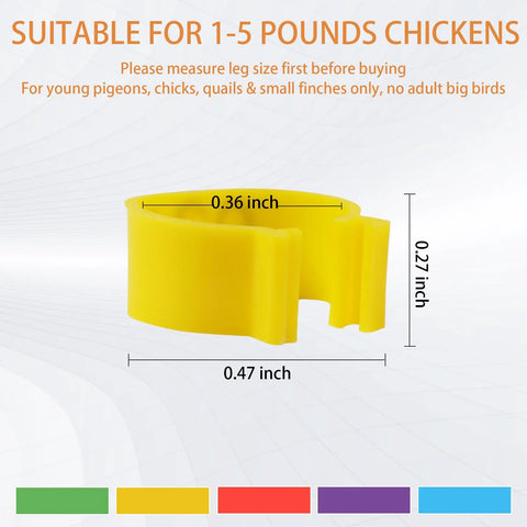 8mm Pigeon Leg Bands Set For Poultry With Laser Etched 001 To 100 In Five Colors, yellow tag dimensions displayed