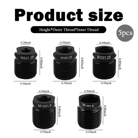 Five Piece Aluminum Gear Shift Knob Adapter Kit With Dope Precision Threads For Cars Includes M8x1.25 M10x1.25 M12x1.25 M10x1.5 M14x1.5 Female Adapters And M18x1.5 Male Threads Universal Stick Shift Car Accessories shown with size details