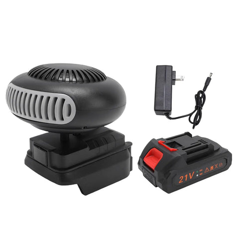 Portable Car Window Defogger With 1500mAh Battery Compact ABS Mini Space Heater For Cars Trikes And Small Rooms Quiet Heating For Indoor Use Anti Tilt Safety shown with charger and 21V battery