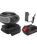 Game Changing Cordless Car Heater And Windshield Defogger Featuring A Built In Battery, compact design, charging adapter, battery pack.