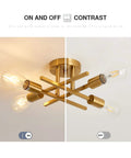 Modern Golden Metal Semi Flush Mount Ceiling Light Fixture Four Light Sputnik Style Chandelier showing on and off contrast