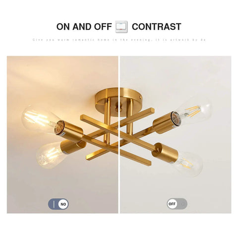 Modern Golden Metal Semi Flush Mount Ceiling Light Fixture Four Light Sputnik Style Chandelier showing on and off contrast