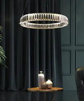 Sleek Modern Crystal Led Ring Pendant Light 20 Inch Round Gold Chandelier with Double Sided Clear Crystals and Stainless Steel Frame