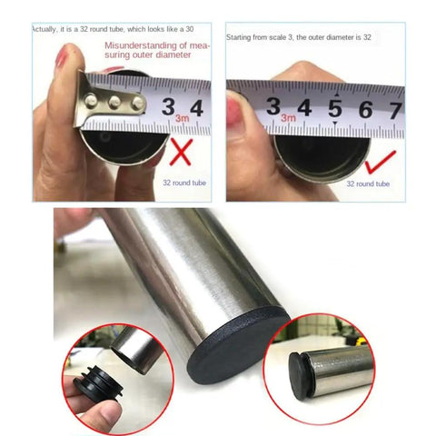 Measurement of a 32 round tube with black cap, showing correct and incorrect ways to gauge the diameter.
