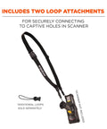 Heavy Duty Sling Style Barcode Scanner Harness With Tether Lanyard Keeps Your Scanner Close And Grab And Go Ready Drop Protection Industrial Grade Webbing That Conforms To Your Body Comfortable All Day Wear Black with two loop attachments for secure connection.