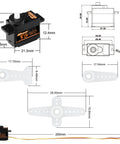 Dimensions and design of Two Pack 5G Mini Digital RC Servo With Plastic Gear showing measurements and components for micro-scale models.