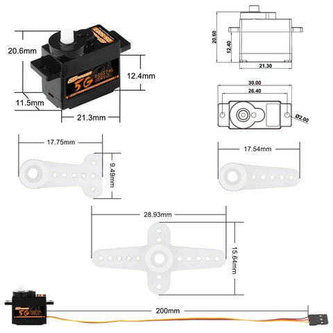 Dimensions and design of Two Pack 5G Mini Digital RC Servo With Plastic Gear showing measurements and components for micro-scale models.