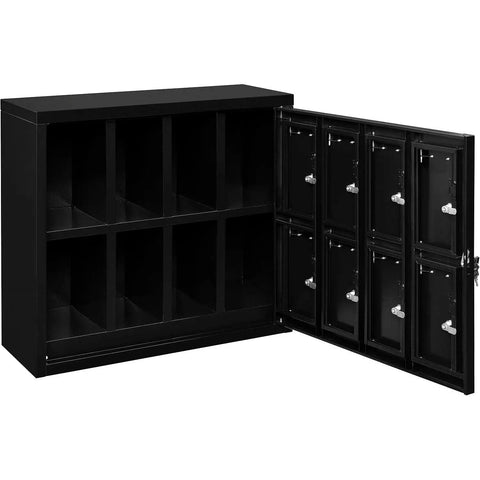 Heavy Duty Two Tier Eight Door Tablet Cell Phone Locker featuring rock solid keyed compartments, black finish, open for access.