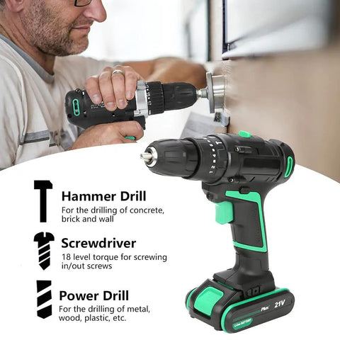 Professional Grade Heavy Duty Badass Cordless Drill 21V Electric Power Tool 45Nm Direction Reversible Switch Us Plug 110V For Wood And Metal Auto Repair Jobs in use for drilling.