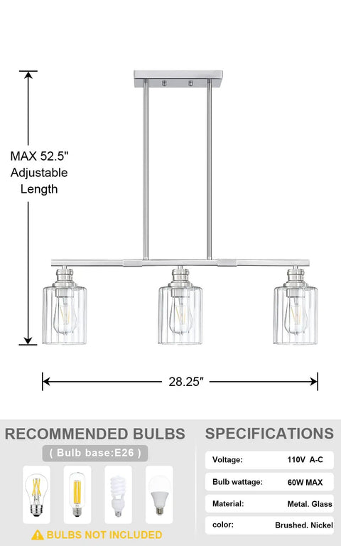 Modern 3 Light Indoor Hanging Kitchen Island Light With Brushed Nickel Finish And 5.3 Inch Clear Glass Shades For Bar Dining Room Kitchen Island And Pool Table LED Compatible E26 Base Not Included, dimensions and specs, max 52.5" length.