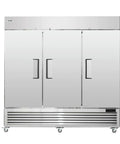 Pro Grade 60 Cu Ft Commercial Reach In Freezer Built Like A Tank With Three Door Setup showing stainless steel exterior and heavy duty casters.