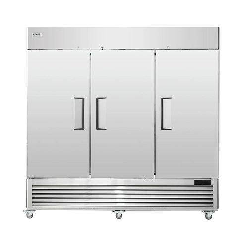Pro Grade 60 Cu Ft Commercial Reach In Freezer Built Like A Tank With Three Door Setup showing stainless steel exterior and heavy duty casters.