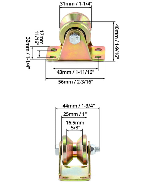 Steel Groove Rigid Caster Wheel 1 Point 2 Inch Diameter 4 Pack V Groove Wheel Sliding Gate Rollers With V Shaped Bracket dimensions