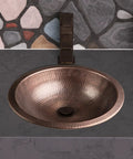 16 Inch Rotunda Copper Vanity Sink Hand Hammered Dual Mount Undermount Or Drop In For Bathroom Countertop Powder Room Restroom Durable Heavy Gauge Copper Craftsmanship installed on countertop