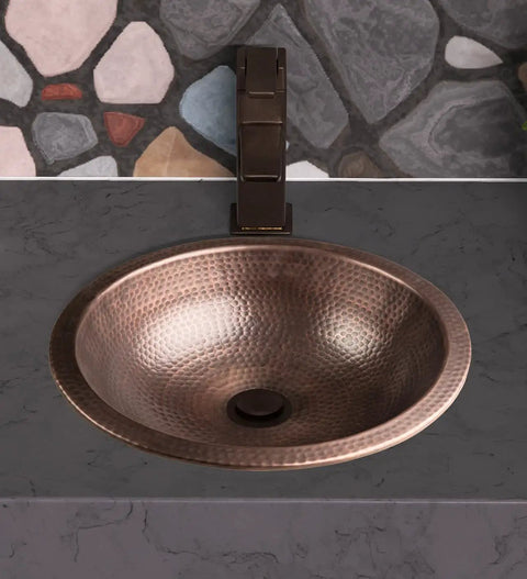 16 Inch Rotunda Copper Vanity Sink Hand Hammered Dual Mount Undermount Or Drop In For Bathroom Countertop Powder Room Restroom Durable Heavy Gauge Copper Craftsmanship installed on countertop