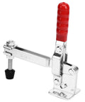 Long Arm Vertical Crimping Tool And Toggle Clamp Fixture For Woodworking And Metalworking, Fast Action Clamp With Portable Inspecting Jig, Rugged Durable Clamp For Welding Molding And Equipment Installations. Silver toggle clamp with red handle