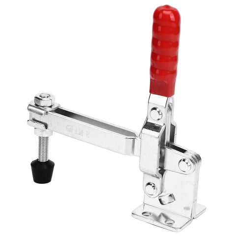 Long Arm Vertical Crimping Tool And Toggle Clamp Fixture For Woodworking And Metalworking, Fast Action Clamp With Portable Inspecting Jig, Rugged Durable Clamp For Welding Molding And Equipment Installations. Silver toggle clamp with red handle