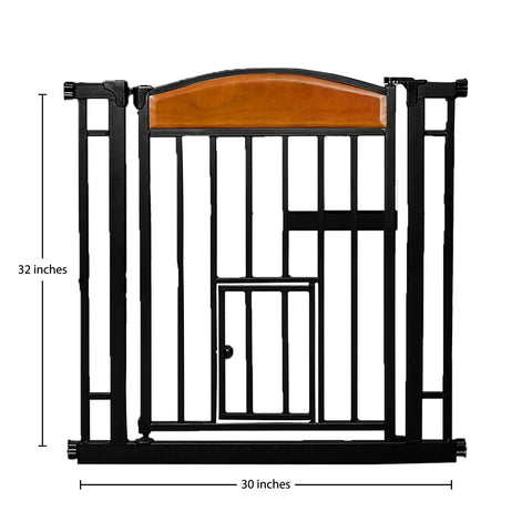 Walk Through Pet Gate With Cherry Wood Accents And Black Finish, Sturdy Metal Frame, Expands From 30.5 To 33.5 Inches, 30 Inch Tall