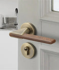Silent Zinc Alloy Door Lock With Wood Grain Handle For Bedroom Security Top Notch Lockset shown on a gray interior door