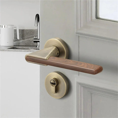 Silent Zinc Alloy Door Lock With Wood Grain Handle For Bedroom Security Top Notch Lockset shown on a gray interior door