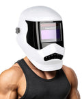 Auto Darkening Welding Helmet With True Color Lens ANSI Z87 1 Certified worn by model, white helmet showcasing lens and design.